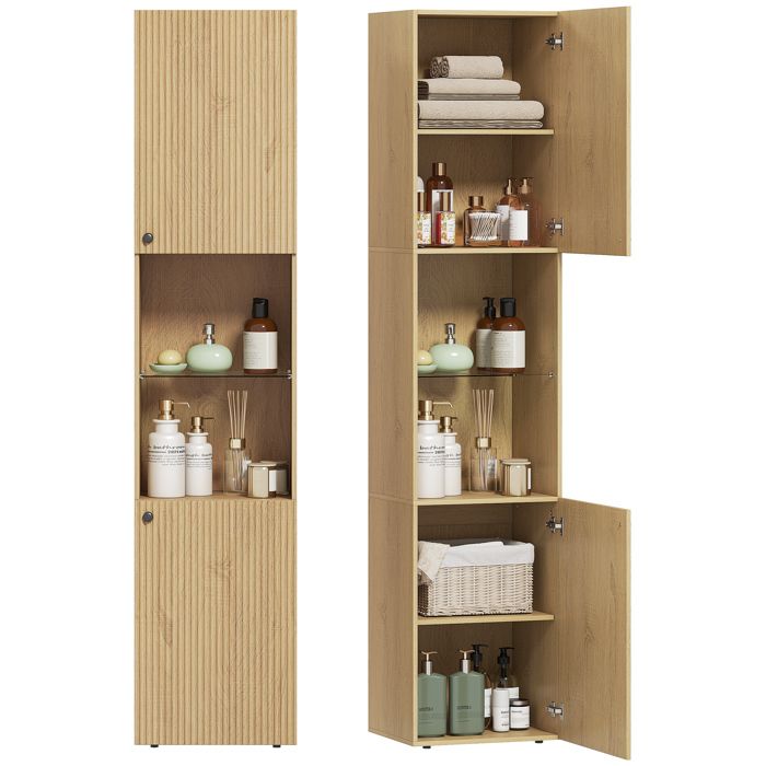 Colonne de salle de bain - Armoire étroite de rangement - 2 portes - Niches ouvertes - Effet chêne - 40 x 31 x 182 cm - ZENLINKJH