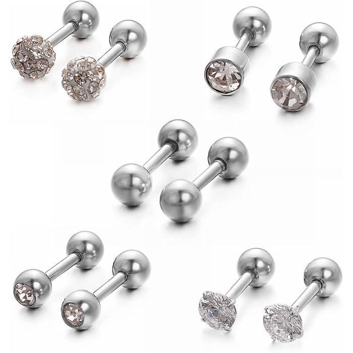 Boucles D'Oreilles Noires Unisexes - 5 Paires Acier Inoxydable - 4mm à 8mm