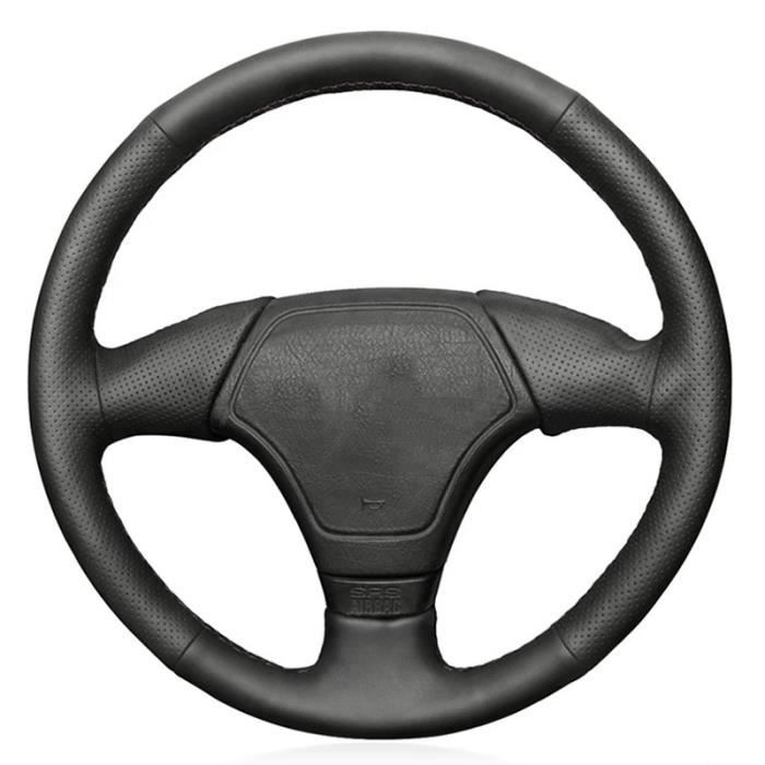 Fil blanc - Housse de volant de voiture en cuir noir antidérapant