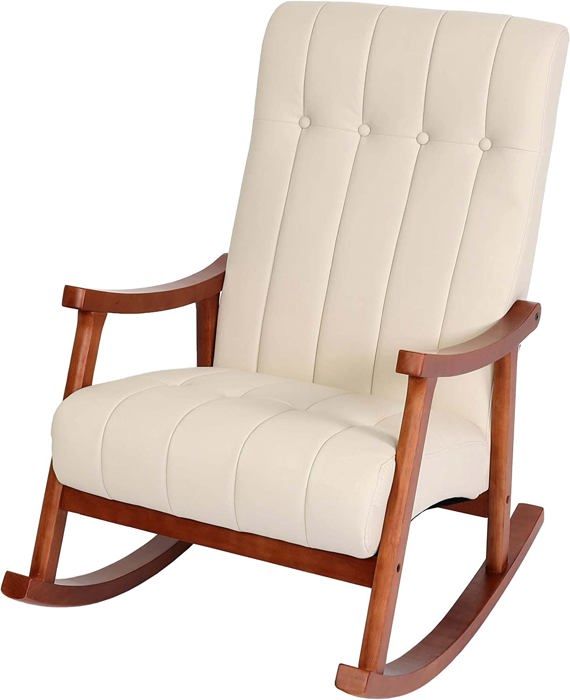 fauteuil à bascule rocking chair rela par avec accoudoirs en simili cuir crème cadre aspect noyer