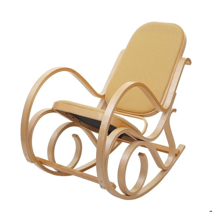 fauteuil à bascule - [marque] - rocking chair en bois clair - assise en tissu jaune