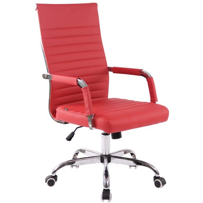 Fauteuil de bureau sur roulettes confortable hauteur reglable en synthetique rouge cadre metal chrome BUR10574