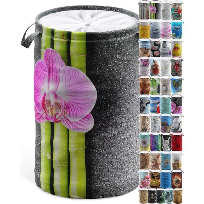 Paniere A Linge Ronde Pliable - Bambou/Tissu Lin Noir