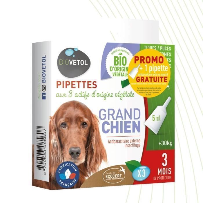 Meilleurs prix pour BIOVETOL - Pipettes Antiparasitaires Grand Chien (+30 kg) Bio - Certifié Ecocert - Anti-puces, Anti-Tiques - 3x5ml