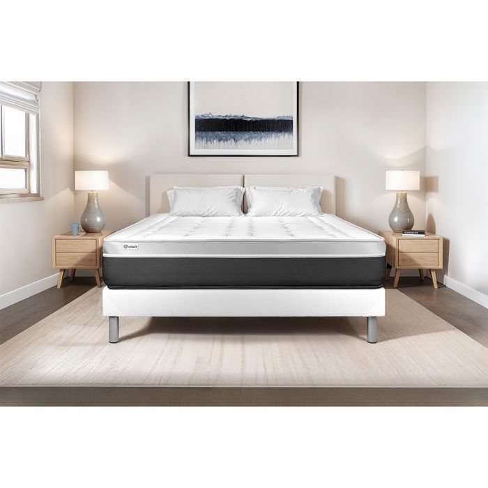 Ensemble Matelas Sommier 200x200 cm - Sommier Blanc (en kit) - Vital Soft Blanc