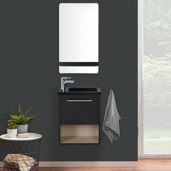 Meuble lave-mains noir extérieur décor chêne intérieur vasque noire NIKA avec robinet chromé et miroir Noir