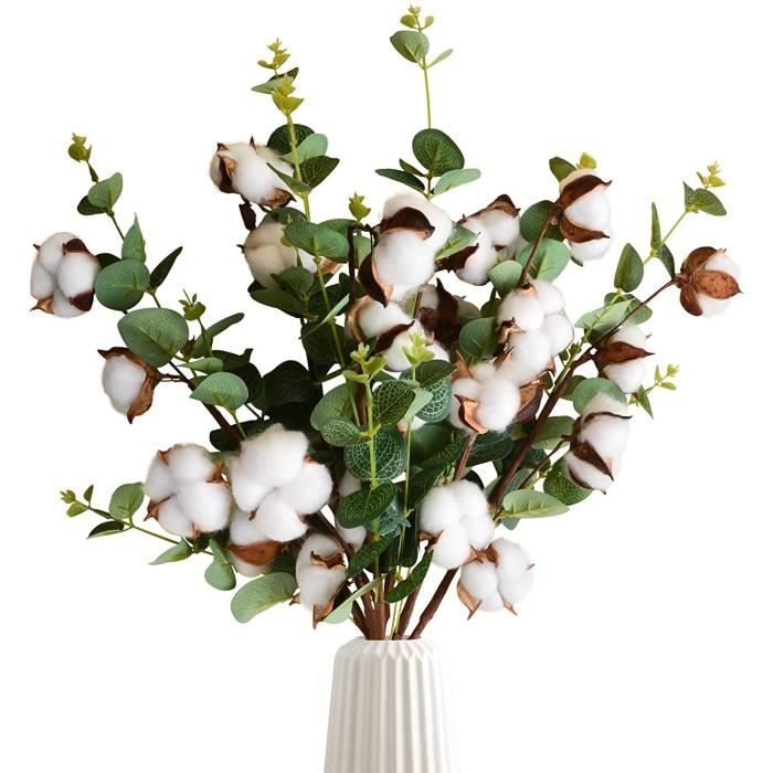 Lot de 6 tiges de coton artificiel de 53,3 cm avec 4 têtes de coton avec  feuilles d'eucalyptus pour décoration d'intérieur, fe[139] - Cdiscount  Maison