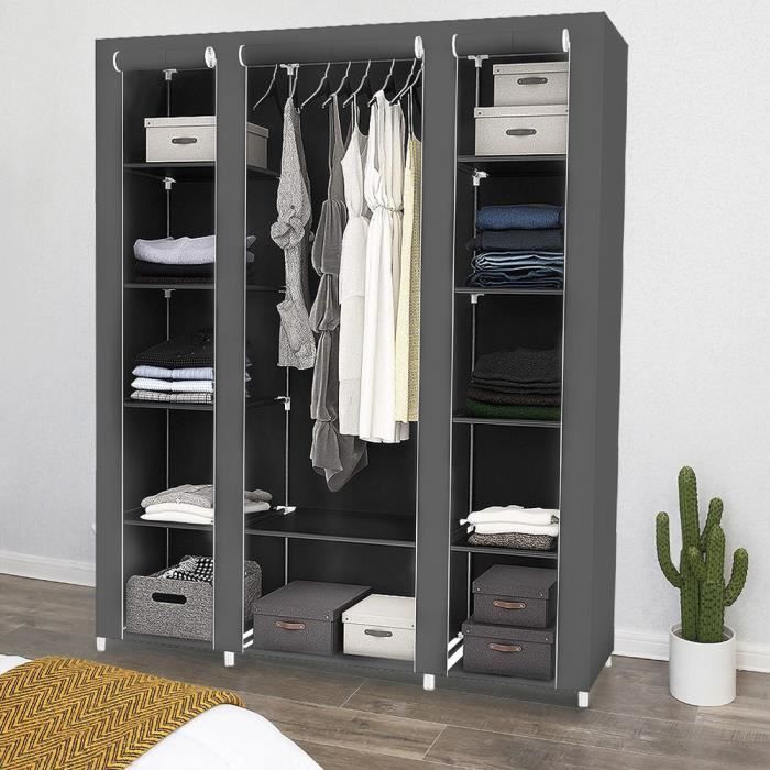 YIS Armoire de Rangement Grand Armoire à Vêtement 3 Porte - 12 Etagères + Tringle à vêtements - Gris 134 x 43 x 172 cm