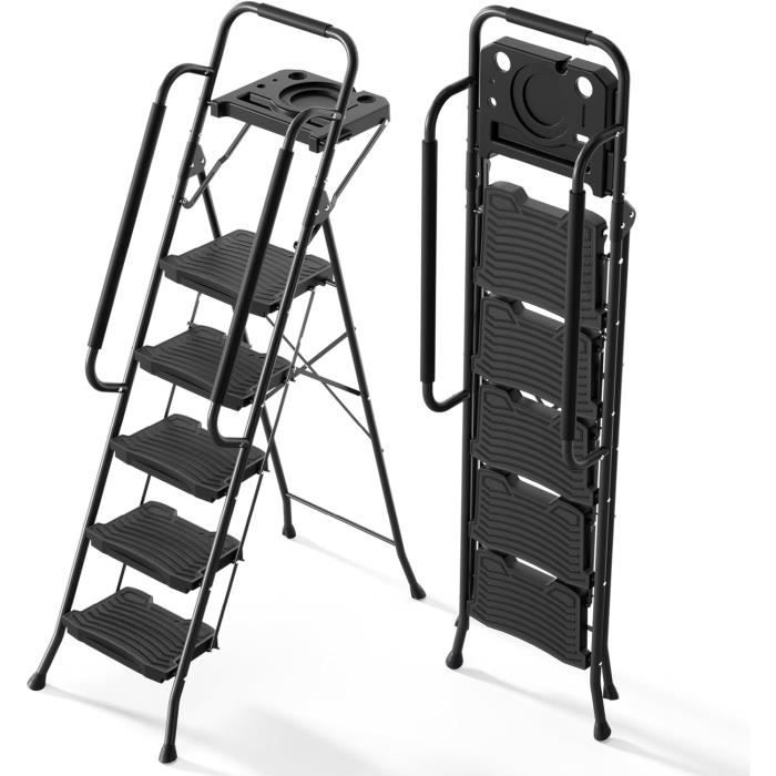 Escabeau Pliable 3 Marches Avec Main Courante - Blanc, Antidérapant - Hauteur 104 Cm - Porte-outils Inclus