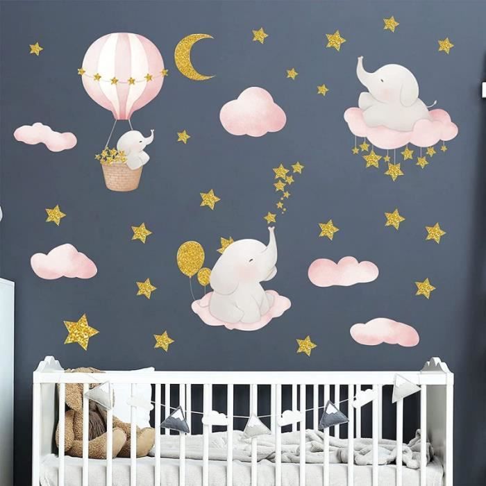 Nb Stickers Muraux Enfants Autocollant Mural Bebe Garcon Fille Chambre Decoration Animaux Elephant Lune Etoiles Stickers Mura Cdiscount Maison