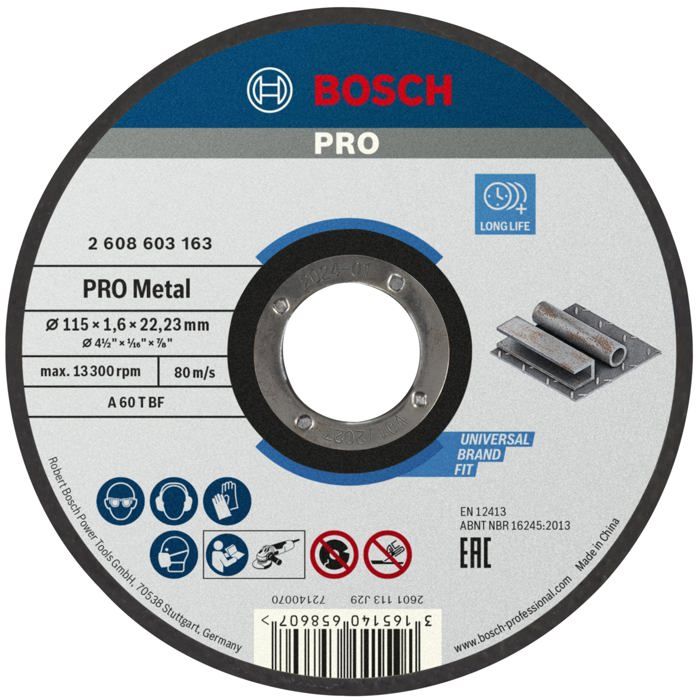 Disque à tronçonner BOSCH à moyeu plat Standard Pour le Métal 115X1.6 MM 2608603163 - vue 2