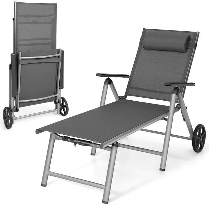 costway chaise longue de jardin inclinable pliable en aluminium avec roulettes 7 dossier réglable appuie-tête amovible charge 150kg