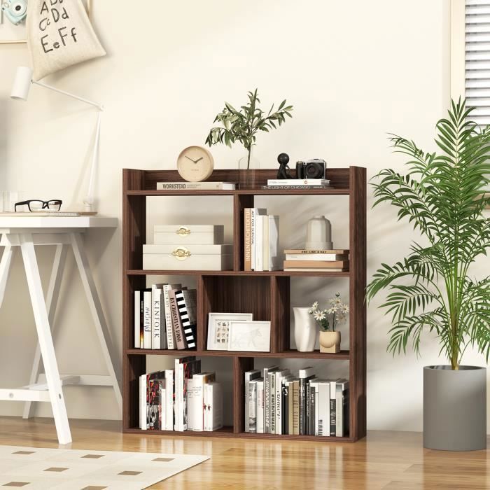 COSTWAY Bibliothèque à 7 Étagères Ouvertes Dispositifs Anti-basculement Étagère de Rangement pour Chambre Bureau Salon Noyer