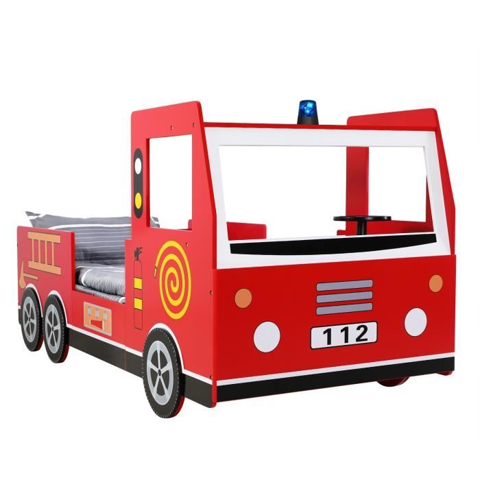 Lit enfant design camion pompier rouge 205x94,5x103cm Lit pour enfants avec  sommier à lattes inclus