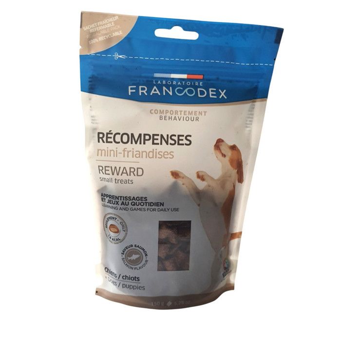Comparer les prix de Mini friandises récompenses saveur saumon 150 g pour chiens et chiots - Francodex