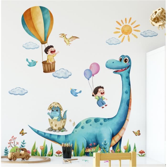 Tanlaby Grand Autocollant Mural Dinosaure Bleu - Stickers Animaux Palmier Tropical Chambre Enfant