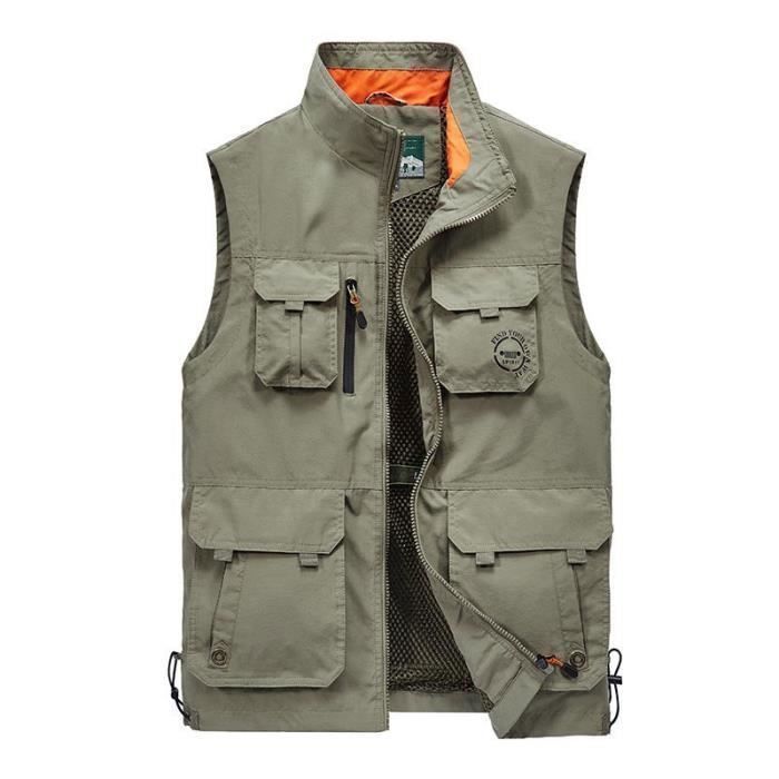 Gilet Outdoor Homme de Pêche Veste Zippee Sans Manches Grande Taille Couleur Unie - Kaki