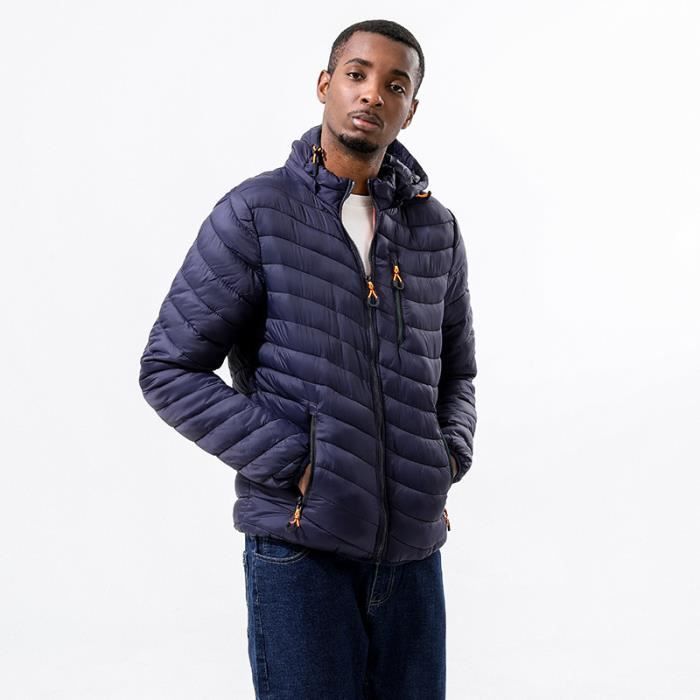 Doudoune Homme Col montant avec Capuche amovible Manches longues Fermeture zippee Leger Bleu marine
