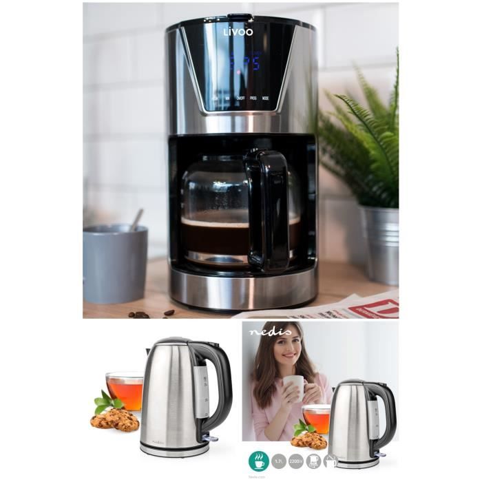 Cafetière Machine à café Programmable Inox 1.5L 900W + Bouilloire RETRO INOX 1L7 2200W