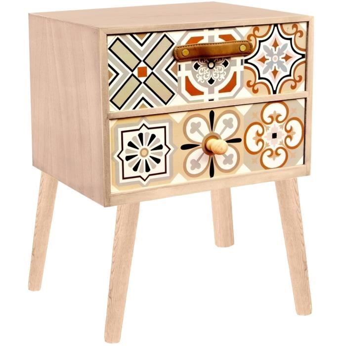 Table De Chevet Vintage En Bois Carreaux Deco Cosy 2 Tiroirs