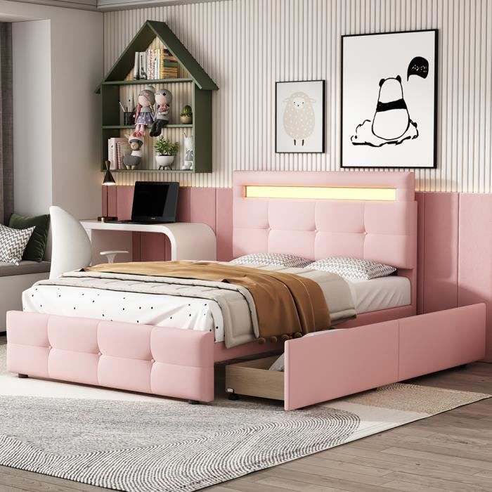 Lit avec tiroirs Lit rembourré Lit 90x200 cm avec lampes LED 2 tiroirs lit simple rose