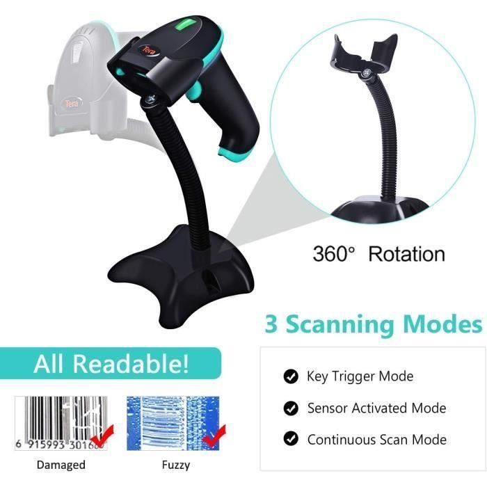 Tera Bluetooth Lecteurs de Code Barre sans Fil 2.4GHz USB (3-en-1) Portable 1D Douchette Scanner Laser Léger pour Smartphone Ecran Compatible avec iOS Android Windows Modèle 1100