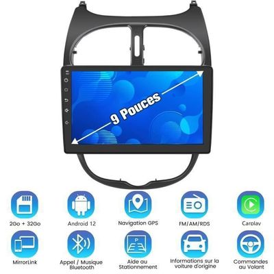 Autoradio Android 13 Pour Peugeot 206 (2002-2010) - 9" écran Tactile, CarPlay Sans Fil, 6Go/128Go