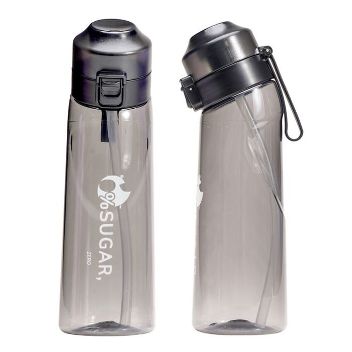 Bouteille D'Eau 650ml Avec 7 Dosettes Aromatiques - Gourde Tritan Sans BPA, Anti-Fuite Avec Paille - Parfums Fruits Pour Sport & Voyage (Noir)