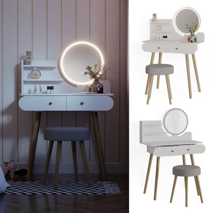 Coiffeuse avec miroir LED et tabouret - Vicco - Edda - Blanc - Cdiscount  Maison