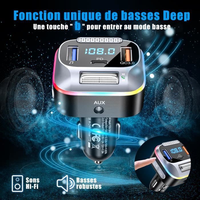 Transmetteur FM Bluetooth 5.0 Voiture - Ports USB 3.1A Et Type-C - Appel Mains Libres - LED Bleue - Charge Rapide