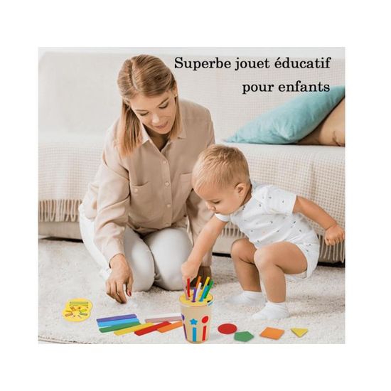 KDISHKRA Jeu Montessori 3 En 1 – Tri Des Couleurs Et Formes En Bois, Dès 1 An, Avec Sac De Rangement
