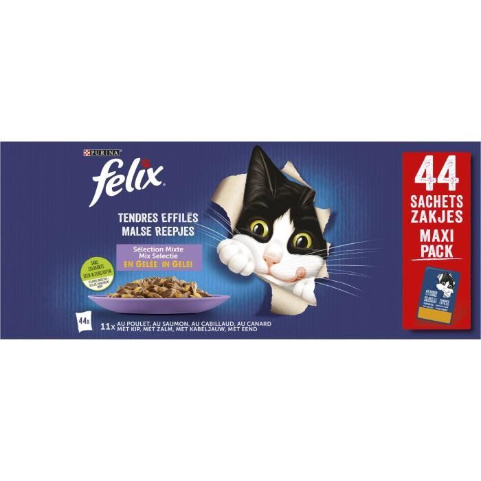 FELIX Tendres Effilés en Gelée Viandes-Poissons - 44 x 85 g - Sachets  fraîcheur pour chat adulte