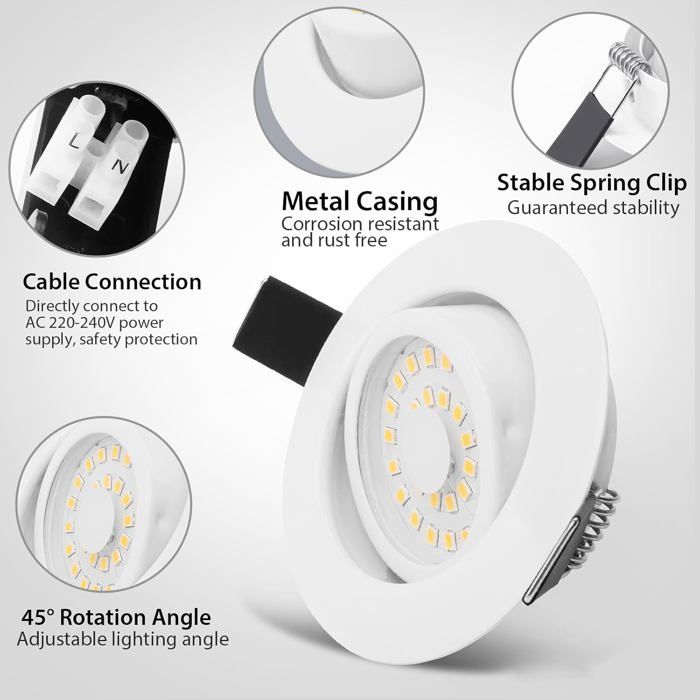 Lot De 6 Spots LED Encastrables Orientables 5W - 4000K Blanc Neutre, Dimmable, IP44, Pour Plafond (68-75mm)