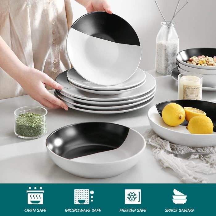 Service De Table En Porcelaine 24 Pièces - 6 Assiettes Plates, 6 Creuses, 6 à Dessert, 6 Bols - Design Ligne Brune Chic - Pour 6 Personnes