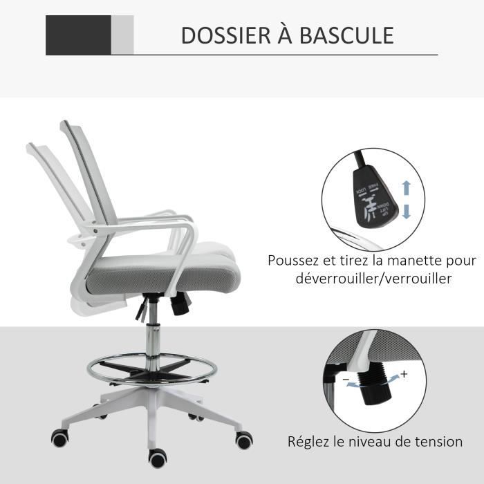 Chaise de bureau avec repose-pieds Vinsetto contemporaine ergonomique à  hauteur ajustable et roulettes pivotantes, gris et noir 921-419