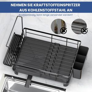 Égouttoir à Vaisselle Extensible FOXWHALE – Noir – Longueur Réglable 31 à 51 Cm – Avec Porte-couverts Et Bec Pivotant – Gain De Place
