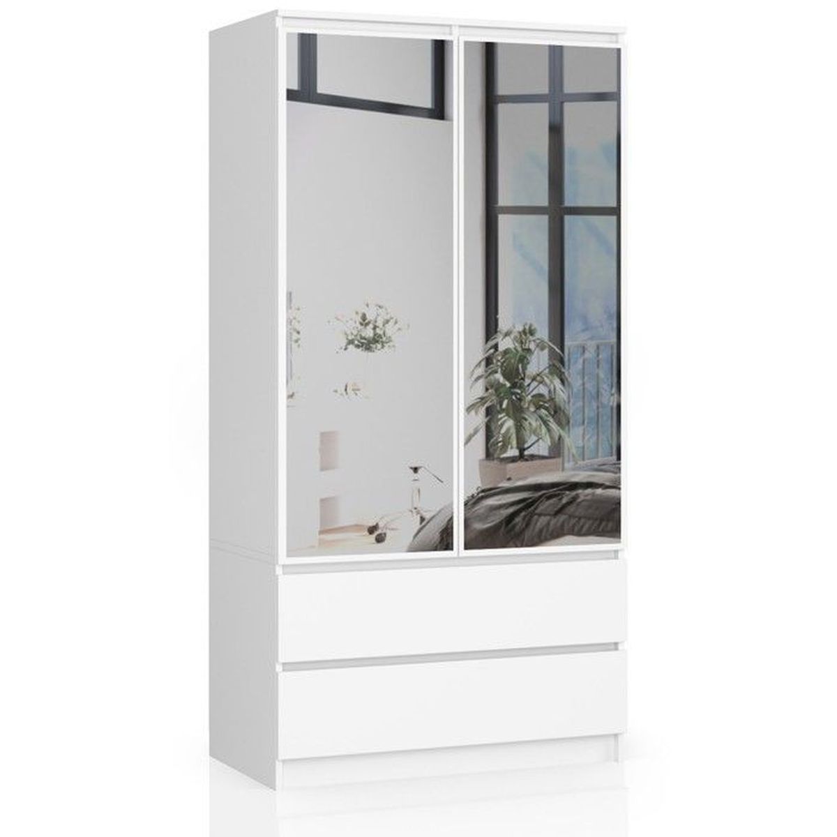 Armoire S90 blanche 90 cm avec miroir 2 portes 2 tiroirs couleur blanc