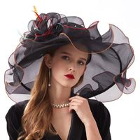 Femme Chapeau Pliable Organza Large Bord avec Fleur Amovible Élégant Noir