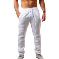 Pantalon en Lin Pour Homme Coupe Large Décontracté Léger Long Pantalons de Yoga,Blanc