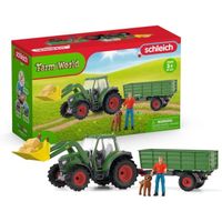 Tracteur et remorque, Coffre schleich avec 1 tracteur, 1 rremorque,  1 figurine humaine articulée, 1 figurine chien, pour enfants