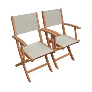 FAUTEUIL JARDIN  Fauteuils de jardin en bois et textilène - Almeria Gris taupe - 2 fauteuils pliants en bois d'Eucalyptus  huilé et textilène
