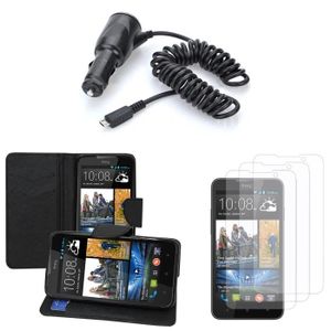 ACCESSOIRES SMARTPHONE HTC Desire 516 dual sim: Lot 5 accessoires portefeuille support video cuir PU effet tissu Films chargeur voiture