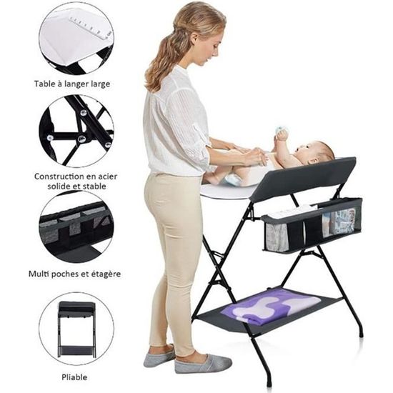 Table à langer mobile / Table de soins bébé - FIRNOSE - Gris - Hauteur réglable - Pliable