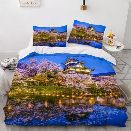 Housse De Couette Japonaise 220x240 Cm - Motif Bambou, Pierre Zen, Lotus - 2 Taies D'oreiller 65x65 - Microfibre Douce, Fermeture éclair - 2