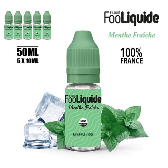 E-LIQUIDE MENTHE-FRAICHE 50ML EN 3MG DE NICOTINE - 5 FLACONS DE 10 ML -  MARQUE FOOLIQUIDE (ELIQUIDE FABRIQUE FRANCE), ID PROD : 247