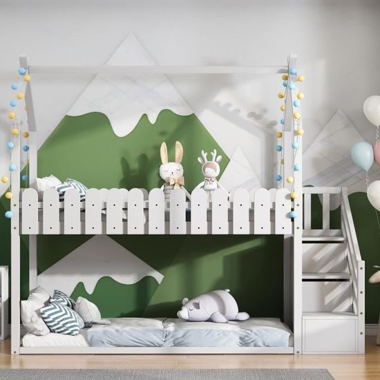Lit Superposé Enfant Avec Toboggan Et échelle - 90x200 Cm, Bois Massif, Blanc/naturel, Certifié EN747, Pour Chambre Ludique