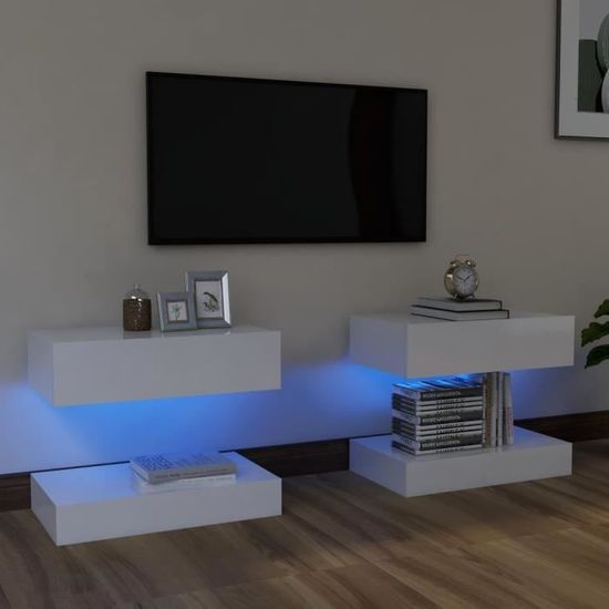 Qualité luxe© | Lot de 2 Meubles de rangement avec LED & Meuble bas TV & Table de Salon & avec lumières, Blanc brillant 60x35 cm |32