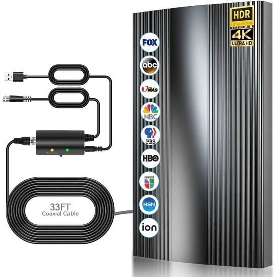 Antenne TV Intérieure 2025 600KM - Amplificateur Signal Booster 4K 1080P - 10M Câble