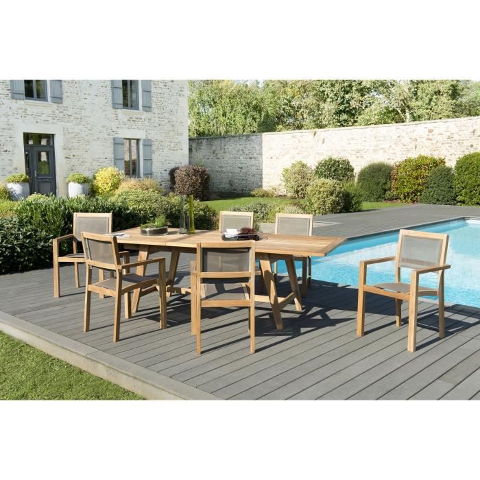Ensemble de jardin en teck : 1 table rectangulaire scandinave, extensible, 180 / 240 x 100cm - 3 lots de 2 fauteuils empilables JARD