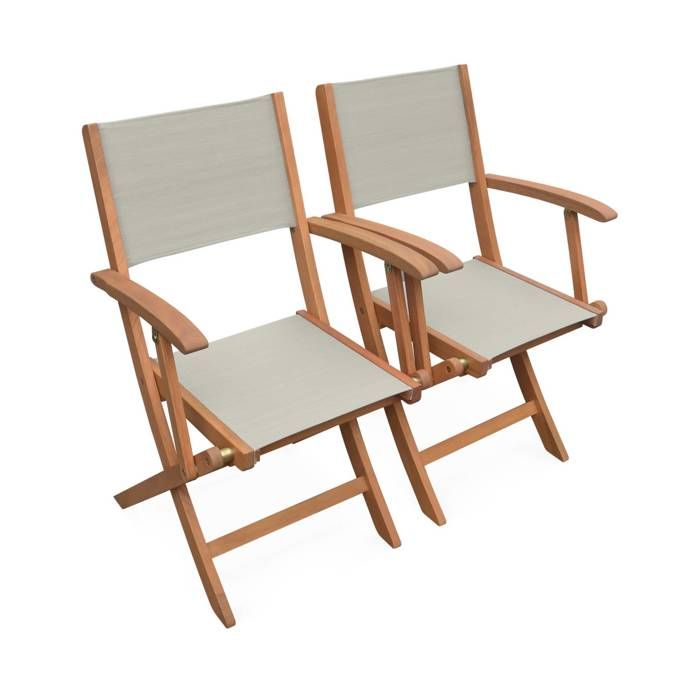 Lot de 2 fauteuils de jardin en bois Almeria, 2 fauteuils pliants Eucalyptus FSC huilé et textilène gris taupe